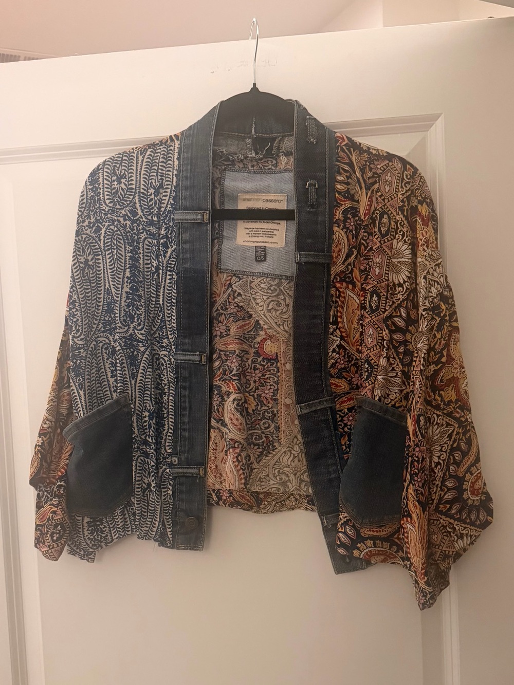Boho Patchwork Jean-Trim Open Jacket in Multi-Color